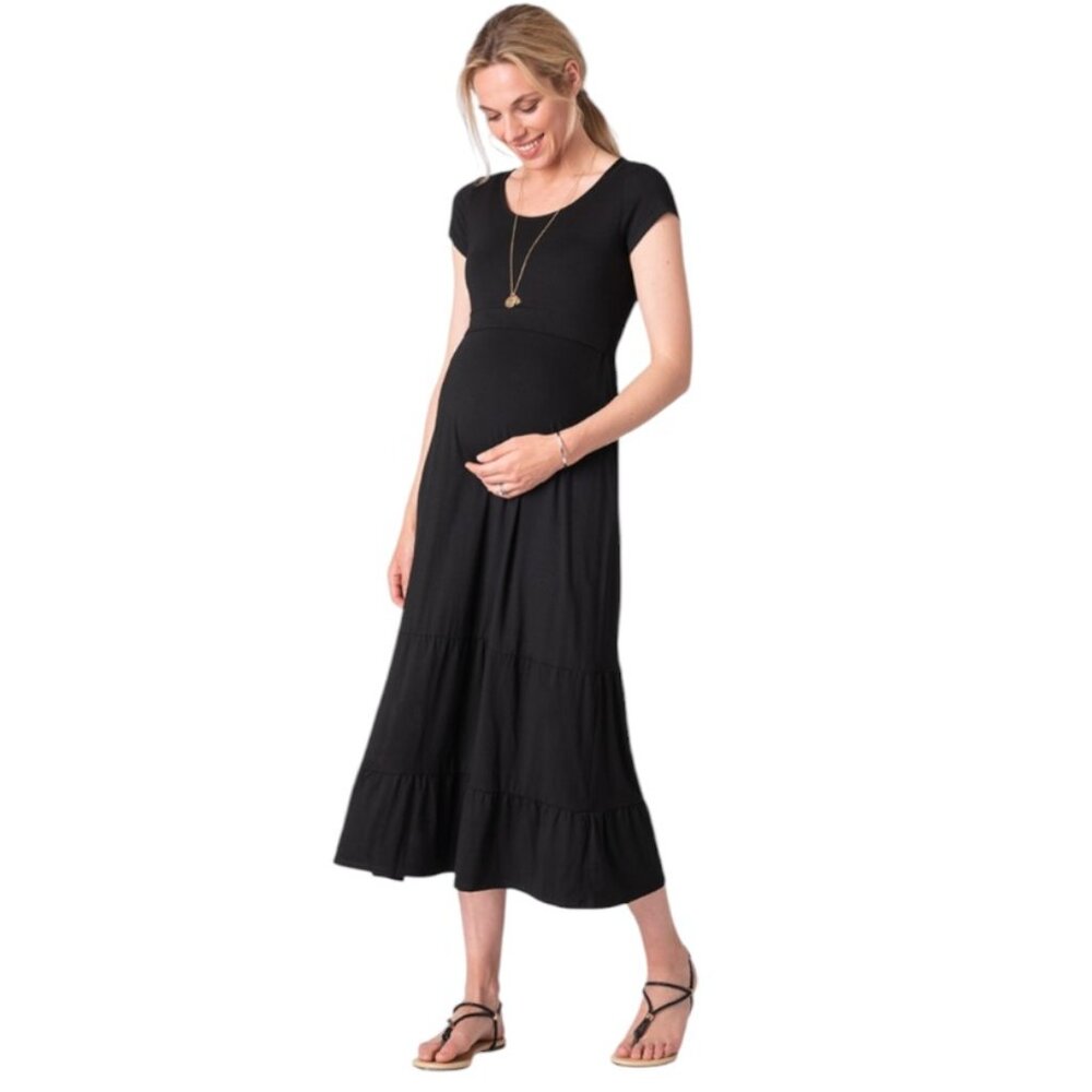 Seraphine Black Maternity Short Sleeve Tiered Maxi Dress - Size: 4